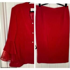 Red Skirt Suit Rhinestone Button Ruffle Cuff Church  Size 22 Terramina - 2 pc